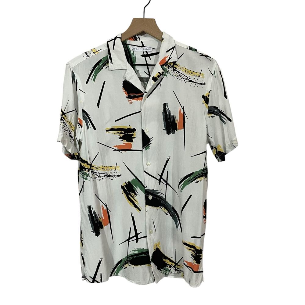 Zara Men's Brushstroke Casual Button Up - White Multi - Medium